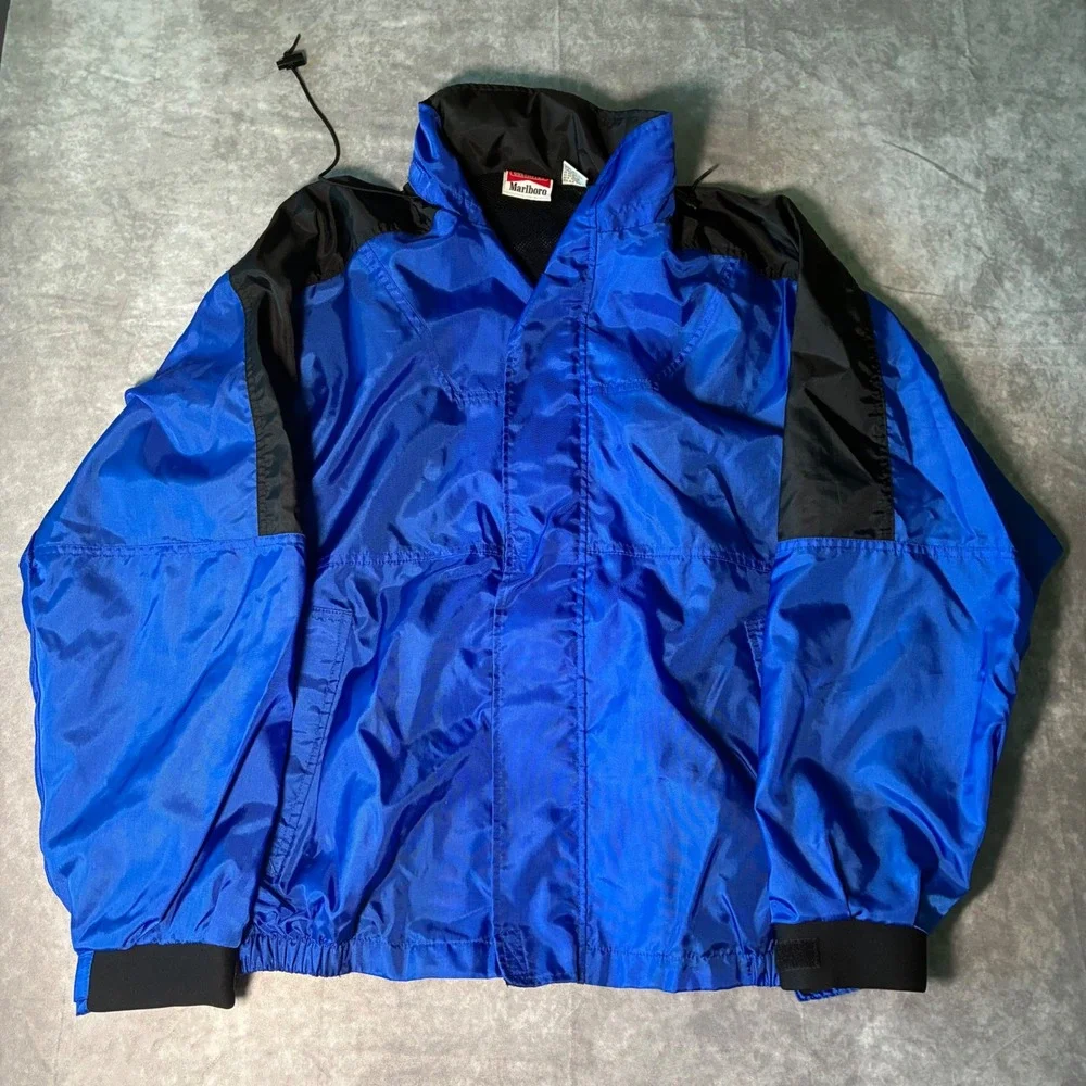 Vintage 90s Marlboro Unlimited Blue Black Nylon Windbreaker Jacket Mens Large